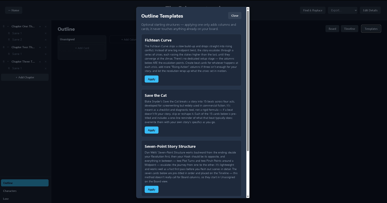 Quillen outline templates including Fichtean Curve, Save the Cat, and Seven-Point Structure